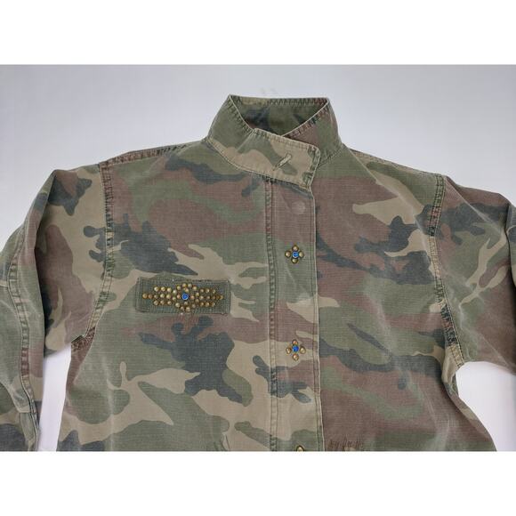 Western Denim Bank Jeans Co Jacket Green Camo Military Embroidered Studded Med - Picture 11 of 15